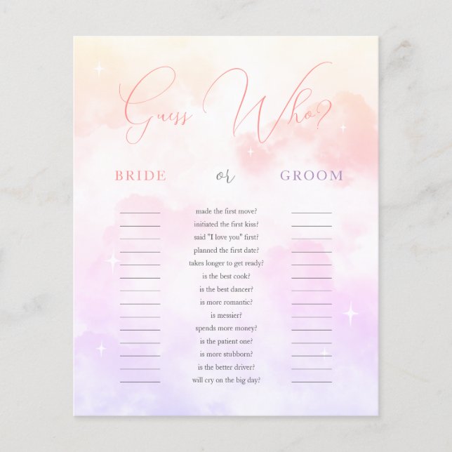 Pink Purple Guess Who Bride or Groom Bridal Game (Front)