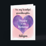 Pink Purple Happy 13th Birthday Granddaughter Card<br><div class="desc">A pretty pink and purple 13th birthday granddaughter card that features a watercolor purple heart against a pretty pink watercolor, which you can personalize underneath the purple heart with her name. The inside of this 13th birthday card reads a sweet sentiment for your daughter, which an be easily personalized. The...</div>