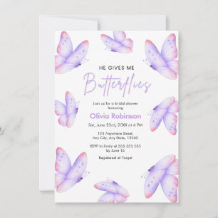 Pink Purple He Gives Me Butterflies Bridal Shower  Invitation