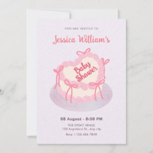 Pink purple heart cake baby shower invitation