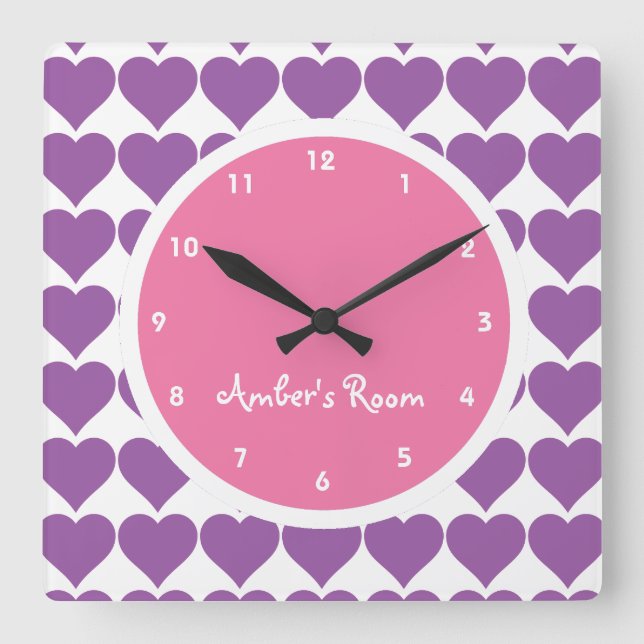 Pink & Purple Heart Print Girl's Bedroom Square Wall Clock (Front)