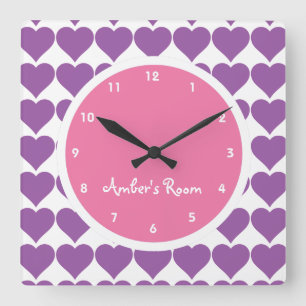 Pink & Purple Heart Print Girl's Bedroom Square Wall Clock