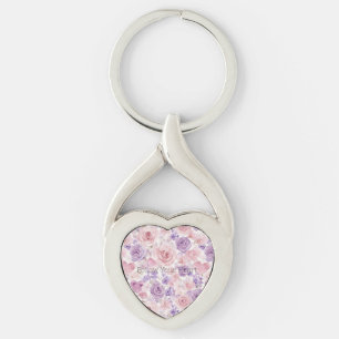 Pink Purple Hearts Flowers Keychain