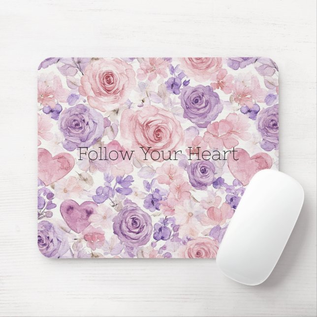 Pink Purple Hearts Flowers Mouse Pad (With Mouse)
