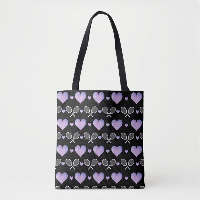 Pink Purple Hearts Pattern Tennis Rackets Love Tote Bag (Front)