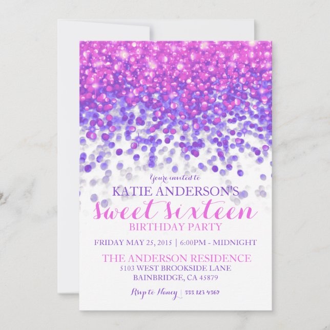 Pink Purple Hollywood Glitter Sweet Sixteen Party Invitation (Front)