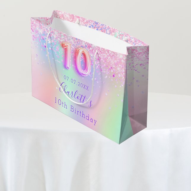 Pink purple holographic 10th birthday large gift bag (Creator Uploaded)