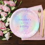 Pink purple holographic birthday party paper plate<br><div class="desc">A girly trendy iridescent background with unicorn and rainbow pastel colors in pink,  purple,  mint green. Decorated with drips in pink,  purple.  Personalize and add a name and age.  The word birthday is written with a modern hand lettered style script.</div>