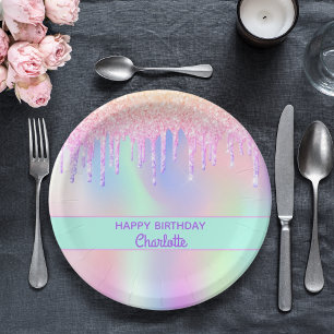 Pink purple holographic birthday party paper plate