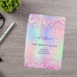 Pink purple holographic business name iPad pro cover<br><div class="desc">A trendy iridescent, holographic background with pastel colours in pink, purple, mint green. Decorated with confetti. For makeup artists, hair designers, hair and beauty salons, nurses. Purple coloured letters. Personalize and add your name and contact information. The personal name is written with a modern hand lettered style script with swashes....</div>