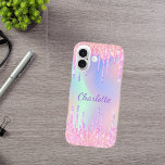 Pink purple holographic glitter drips name iPhone 16 case<br><div class="desc">A trendy holographic background with unicorn and rainbow pastel colours in pink,  purple,  rose gold,  mint green. Decorated with faux glitter drips in rose gold,  pink and purple. Personalize and add a name.   A bit of everyday glam to brighten up your day!</div>