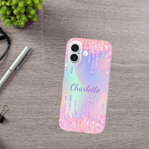 Pink purple holographic glitter drips name iPhone 16 case