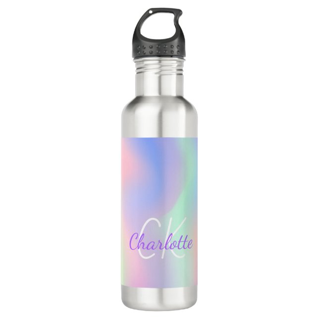Pink purple holographic monogram script 710 ml water bottle (Front)
