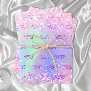 Pink purple holographic name confetti Sweet 16 Wrapping Paper Sheet