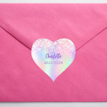 Pink purple holographic name school heart sticker<br><div class="desc">A trendy holographic background in pink,  purple,  mint green. Decorated with confetti.  Purple coloured letters. Personalize and add your name.  Perfect for a marking your school belongings.</div>