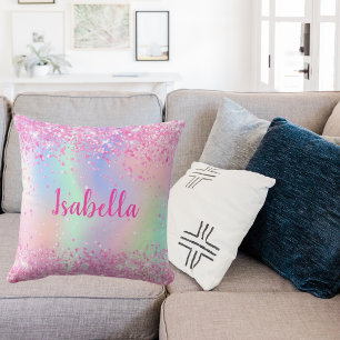 Pink purple holographic name throw pillow