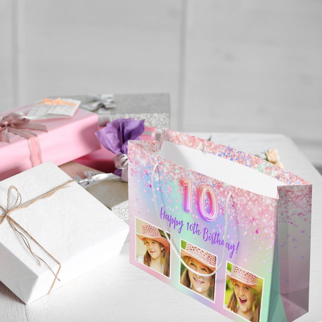 Pink purple holographic photo 10th birthday large gift bag (Creator Uploaded)