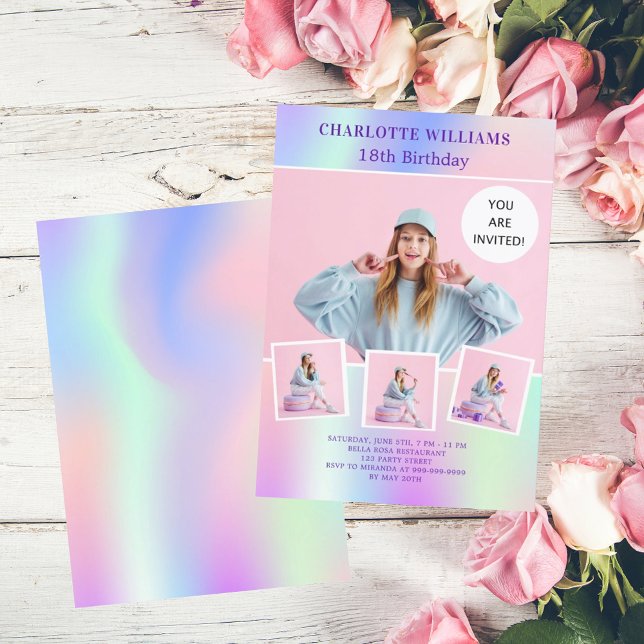 Pink purple holographic photo birthday invitation (Creator Uploaded)