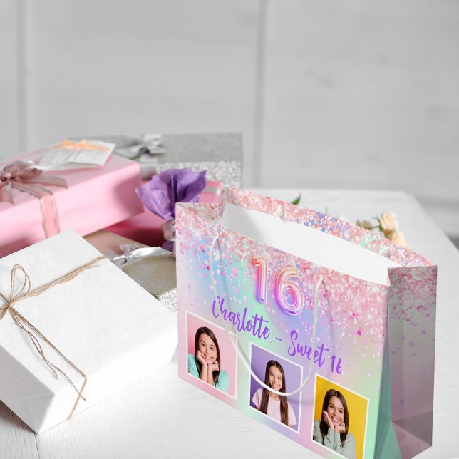 Pink purple holographic photo Sweet 16 Large Gift Bag (Creator Uploaded)