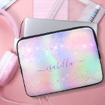 Pink purple holographic sparkle laptop sleeve<br><div class="desc">A trendy holographic iridescent, background with unicorn and rainbow pastel colours in pink, purple, mint green. Decorated with faux sparkles. Purple coloured letters. Personalize and add your name written with a mothern hand lettered style script with swashes. To keep the swashes only delete the sample name, leave the spaces or...</div>