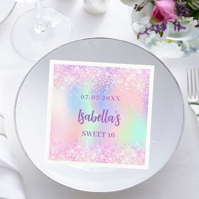 Pink purple holographic sparkles Sweet 16 Napkin (Creator Uploaded)
