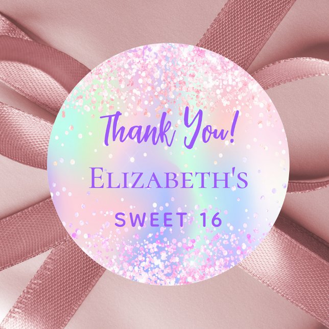 Pink purple holographic Sweet 16 Thank You Classic Round Sticker (Creator Uploaded)