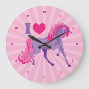 Pink & Purple I Heart Love Unicorns Large Clock