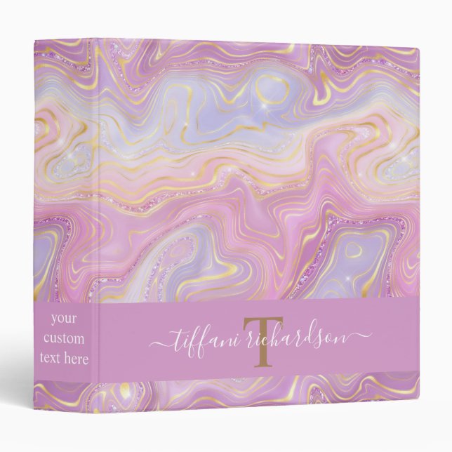 Pink Purple Iridiescent Agate Script Office School Binder (Front/Spine)