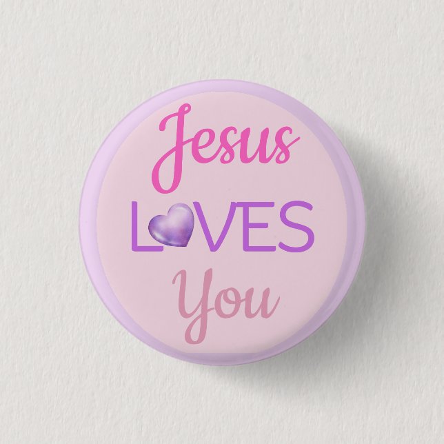 Pink Purple Jesus Loves You Quote Magnet 1 Inch Round Button (Front)