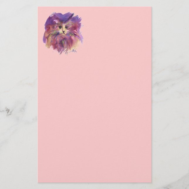 PINK PURPLE KITTEN,KITTY CAT PORTRAIT STATIONERY (Front)
