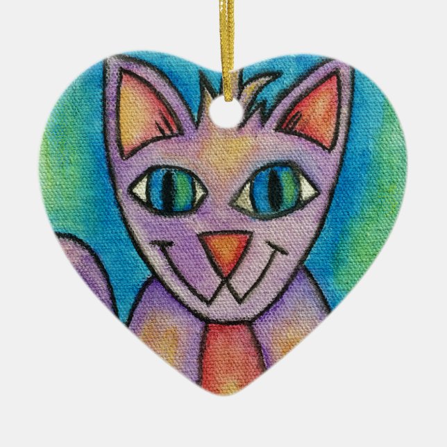Pink Purple Kitty Cat Ceramic Ornament (Front)