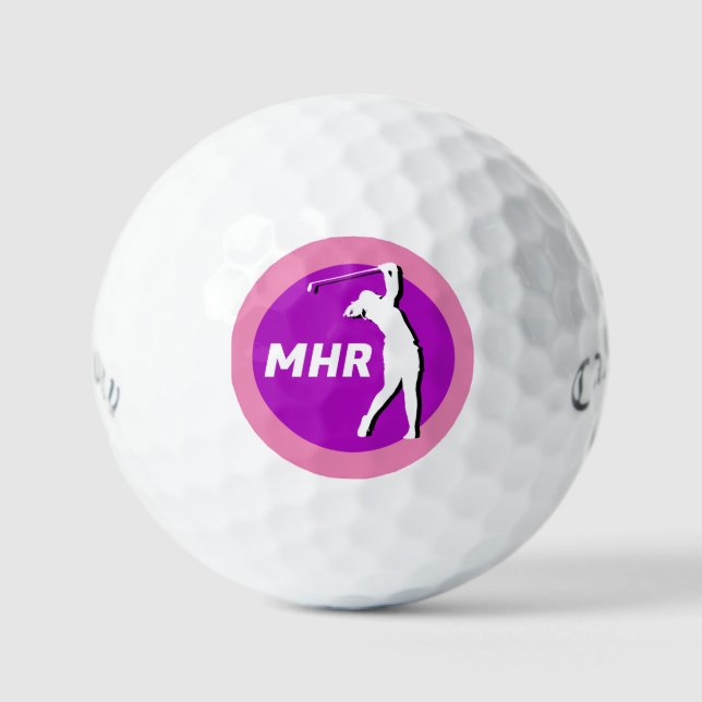 Pink/Purple Lady Golfer Monogram Golf Ball (Front)