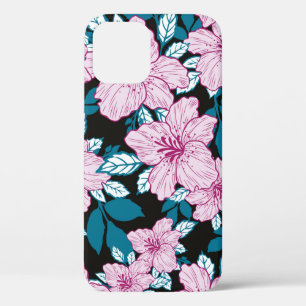 pink purple lily flower blue leaf black background iPhone 12 case