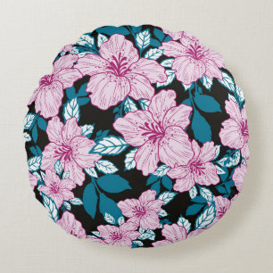 pink purple lily flower blue leaf black background round pillow