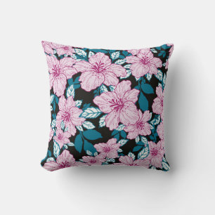 pink purple lily flower blue leaf black background throw pillow