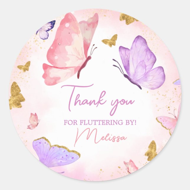 Pink Purple Little Butterfly Birthday Party Classic Round Sticker (Front)