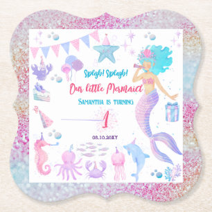 Pink Purple Magical Girl Mermaid Birthday Party Paper Coaster