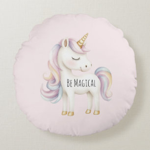 Pink Purple Magical Unicorn Round Pillow