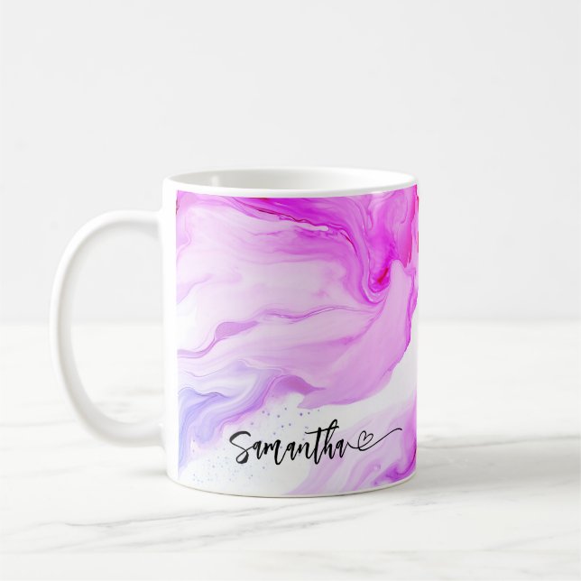 Pink Purple Marble Personalized Flowing Name Heart Coffee Mug (Left)