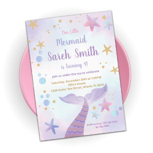 Pink Purple Mermaid Tail Birthday Invitations