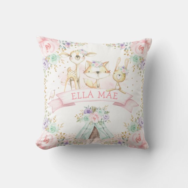 Pink Purple Mint Floral Tribal Woodland Animals Throw Pillow (Front)
