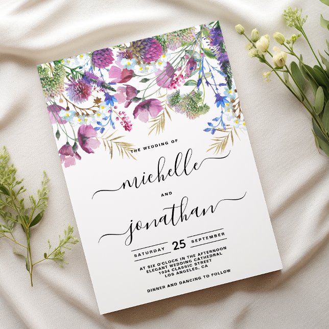 Pink purple mint gold wild flower wedding invitation (Pink purple mint gold wild flower wedding )