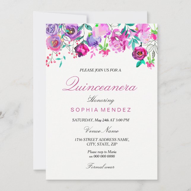 Pink Purple Mint Watercolor Flowers Quinceanera Invitation (Front)
