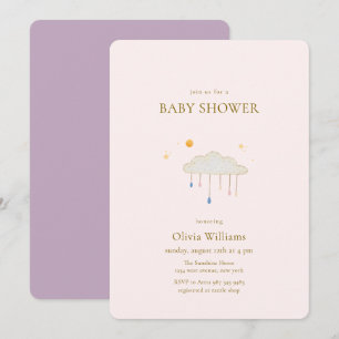 Pink Purple Modern Elegant Raindrop Baby Shower Invitation