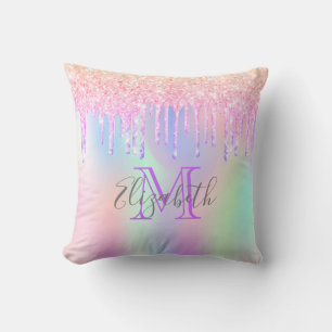 Pink purple monogram holographic drips throw pillow