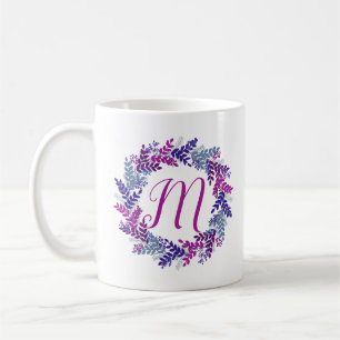 Pink Purple Monogram Initial Christmas Wreath Coffee Mug