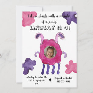 Pink & Purple Monster Photo Birthday Invitation