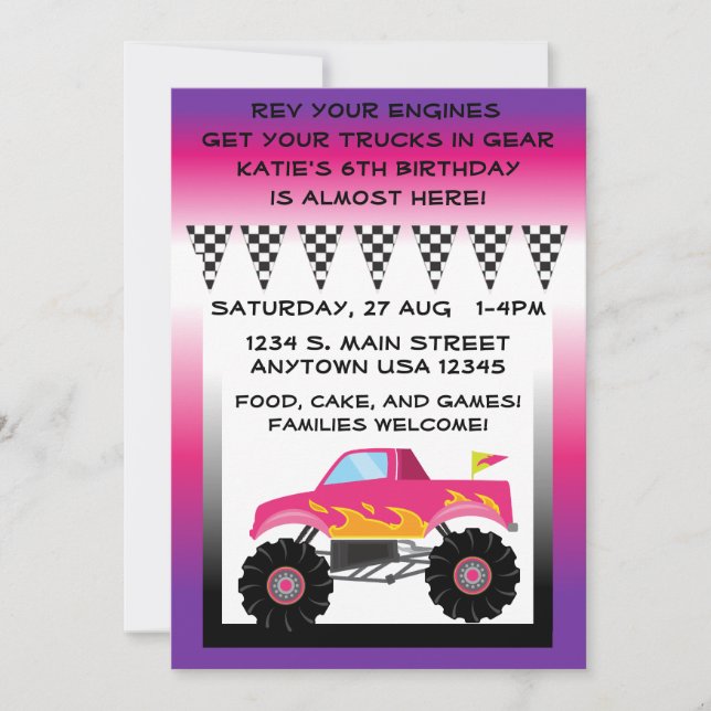 Pink & Purple Monster Truck 5" x 7" Invitations (Front)