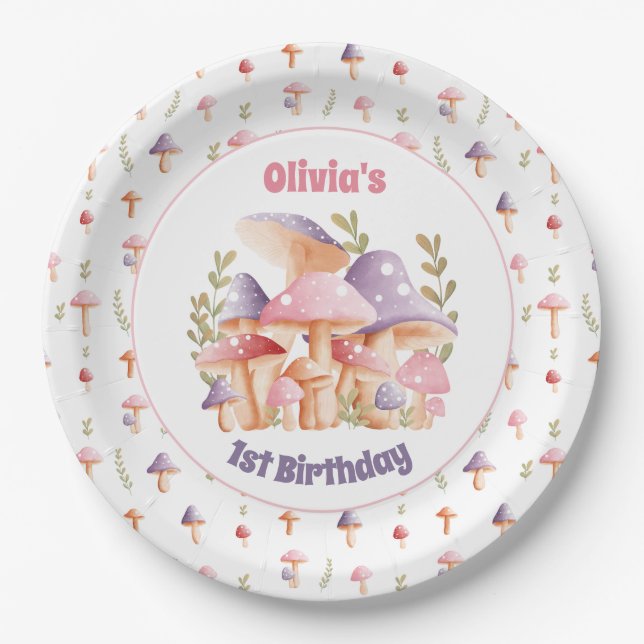 Pink Purple Mushrooms 1st Birthday Fall Paper Plate (Front)