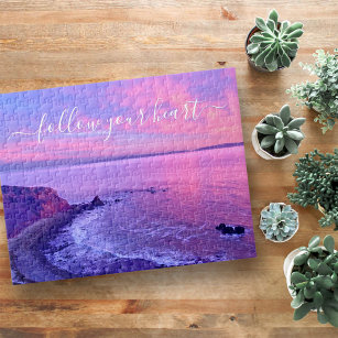 Pink Purple Ocean Beach Sunset Follow Your Heart Jigsaw Puzzle